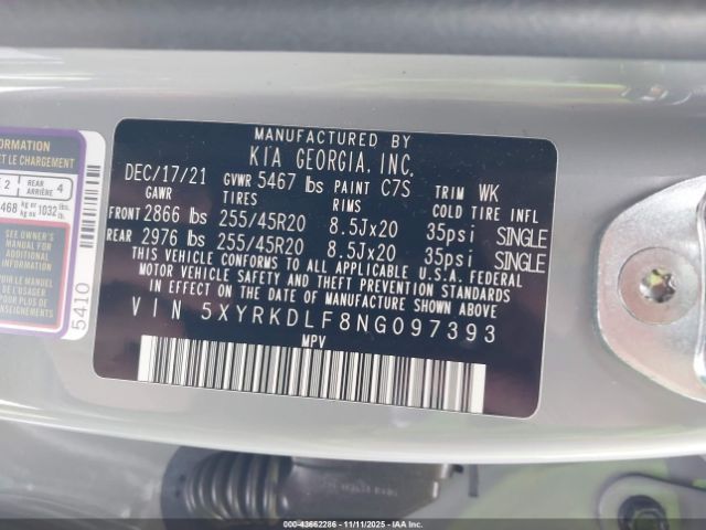 2022 KIA SORENTO 5XYRKDLF8NG097393 Photo 8