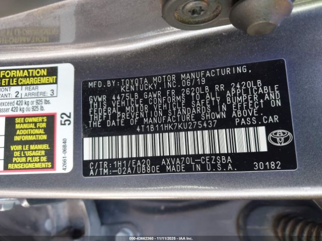 2019 TOYOTA CAMRY 4T1B11HK7KU275437 Photo 8