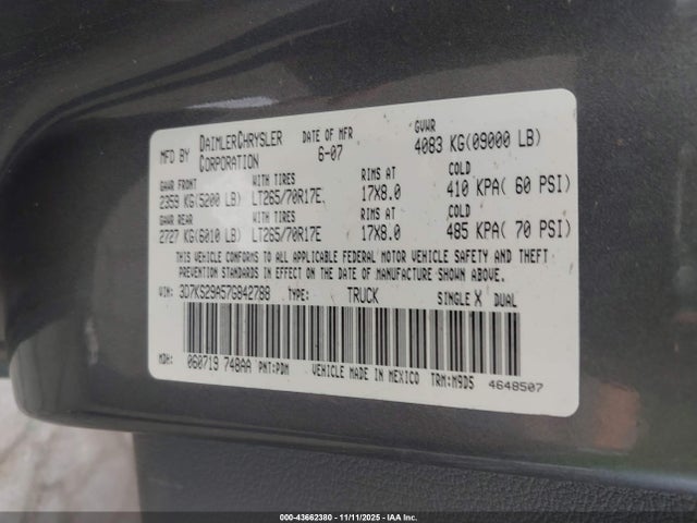 Aukcja sprzedaży 2007 Dodge Ram 2500 Slt, vin: 3D7KS29A57G842788, numer aukcji: 43662380