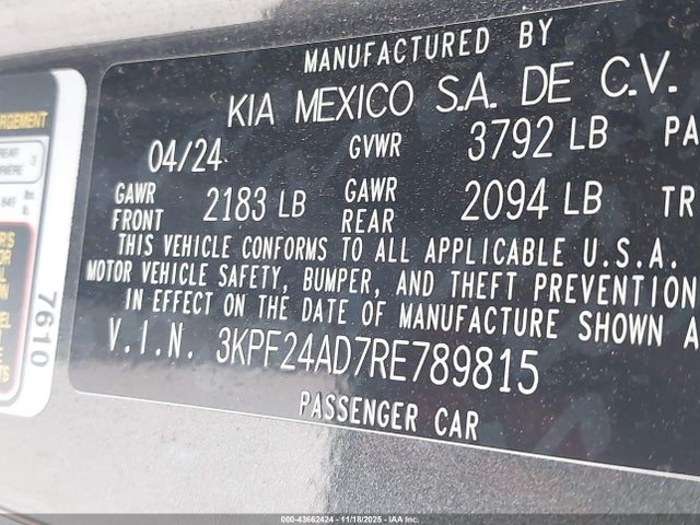 Aukcja sprzedaży 2024 Kia Forte Lxs, vin: 3KPF24AD7RE789815, numer aukcji: 43662424