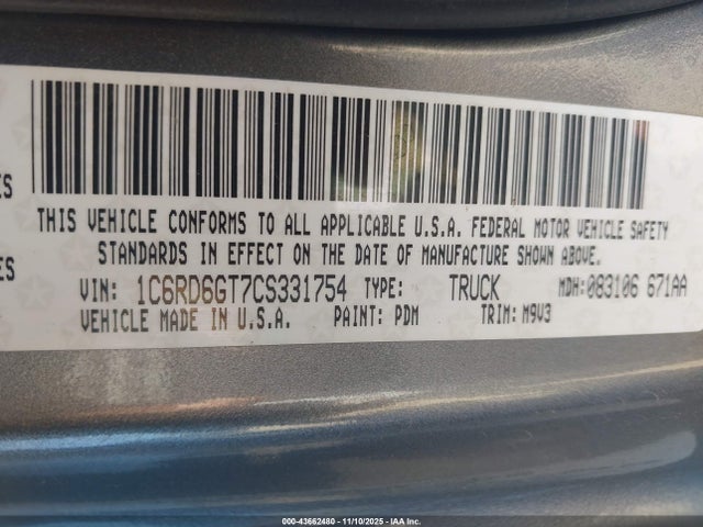 43662480 :رقم المزاد ، 1C6RD6GT7CS331754 vin ، 2012 Ram 1500 Slt مزاد بيع