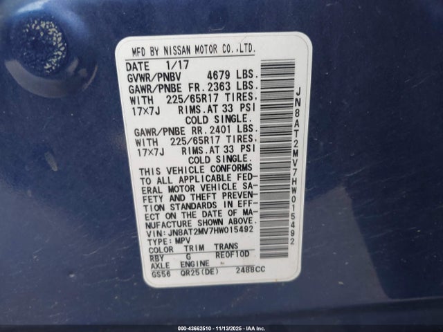 JN8AT2MV7HW015492 Nissan ROGUE S