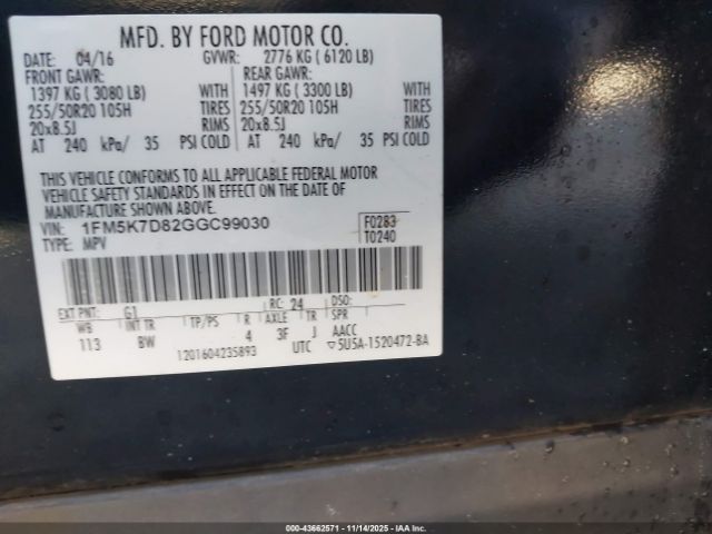 2016 FORD EXPLORER 1FM5K7D82GGC99030 Photo 8