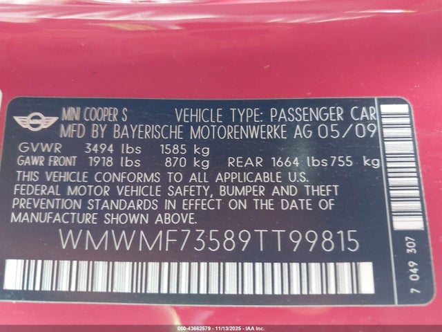 2009 MINI COOPER S WMWMF73589TT99815 Photo 8