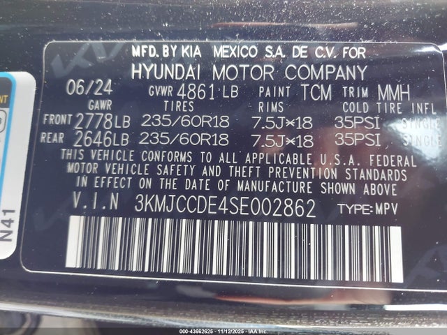 43662625 :رقم المزاد ، 3KMJCCDE4SE002862 vin ، 2025 Hyundai Tucson Sel Convenience مزاد بيع