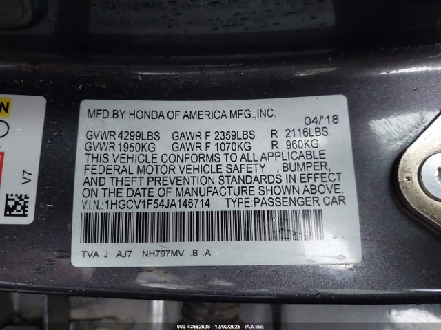 Продаж на аукціоні авто 2018 Honda Accord Ex-l, vin: 1HGCV1F54JA146714, номер лоту: 43662628