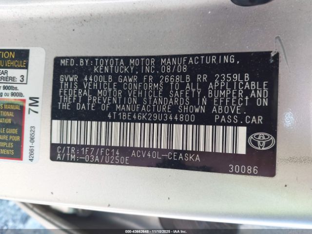 2009 TOYOTA CAMRY 4T1BE46K29U344800 Photo 8