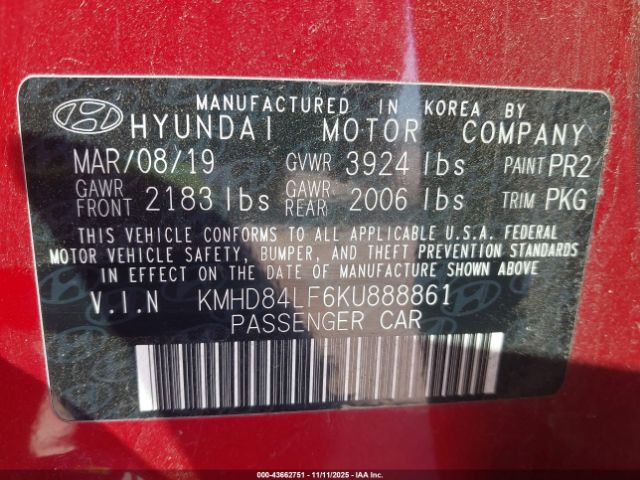 2019 HYUNDAI ELANTRA KMHD84LF6KU888861 Photo 8