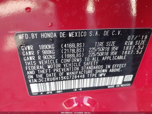Aukcja sprzedaży 2019 Honda Hr-v Sport, vin: 3CZRU6H15KG728448, numer aukcji: 43662761
