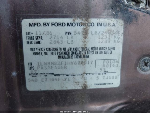 1987 LINCOLN TOWN CAR 1LNBM82F1HY670517 Photo 8