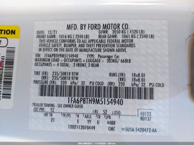 2021 FORD MUSTANG 1FA6P8TH9M5154940 Photo 8