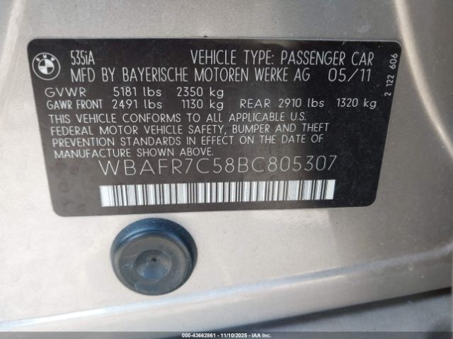 2011 BMW 535I WBAFR7C58BC805307 Photo 8