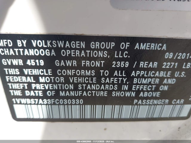 2015 Volkswagen Passat 1.8t Se მანქანა იყიდება აუქციონზე, vin: 1VWBS7A33FC030330, აუქციონის ნომერი: 43662868