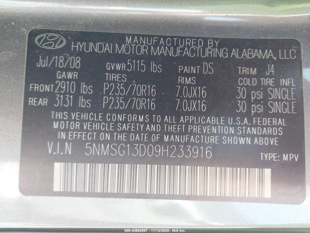 2009 HYUNDAI SANTA FE 5NMSG13D09H233916 Photo 8