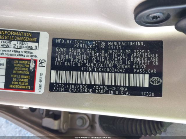 2012 TOYOTA CAMRY 4T1BF1FK4CU024042 Photo 8
