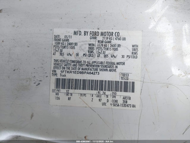 43663061 :رقم المزاد ، 1FTKR1ED9BPA64273 vin ، 2011 Ford Ranger Super Cab مزاد بيع