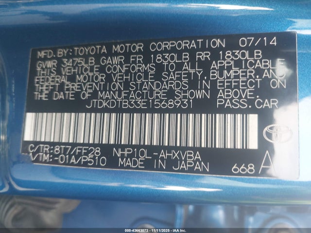 Toyota 1nz-fxe+1lm 2014 JTDKDTB33E1568931 Image 9