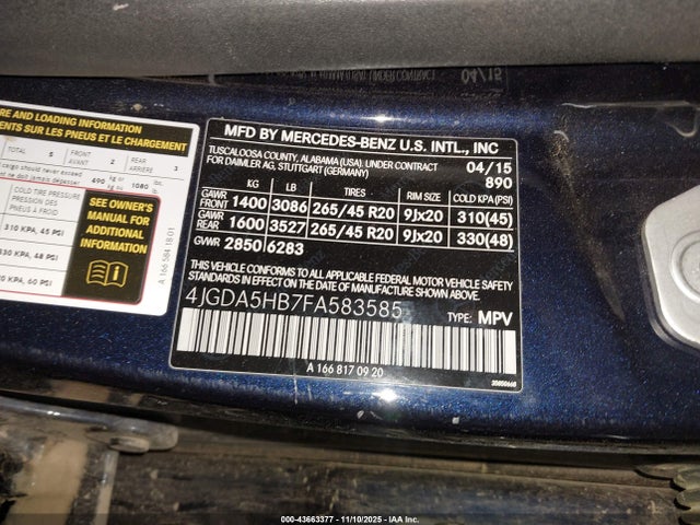 43663377 :رقم المزاد ، 4JGDA5HB7FA583585 vin ، 2015 Mercedes-benz Ml 350 4matic مزاد بيع