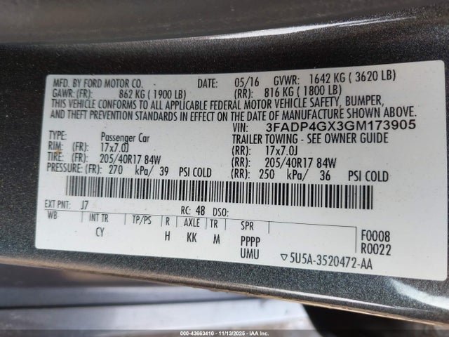 3FADP4GX3GM173905 Ford FIESTA ST
