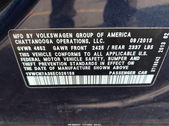 Продаж на аукціоні авто 2014 Volkswagen Passat 2.0l Tdi Sel Premium, vin: 1VWCN7A35EC026158, номер лоту: 43663427