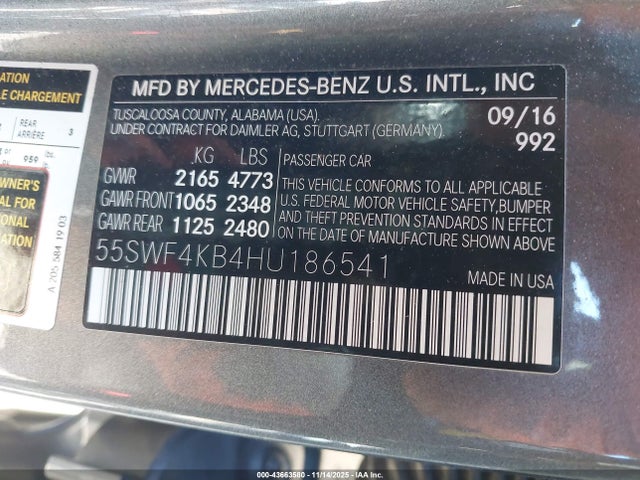 43663580 :رقم المزاد ، 55SWF4KB4HU186541 vin ، 2017 Mercedes-benz C 300 4matic مزاد بيع