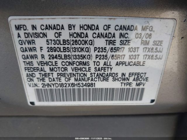 2006 ACURA MDX 2HNYD182X6H534981 Photo 8