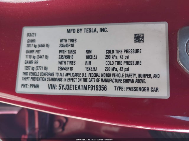 2021 TESLA MODEL 3 5YJ3E1EA1MF919356 Photo 8