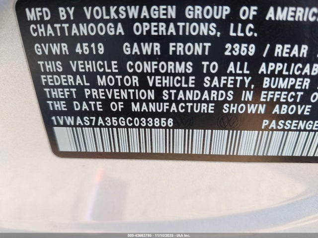 2016 Volkswagen Passat 1.8t S მანქანა იყიდება აუქციონზე, vin: 1VWAS7A35GC033856, აუქციონის ნომერი: 43663795