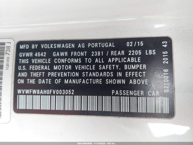 2015 VOLKSWAGEN EOS WVWFW8AH0FV003052 Photo 8