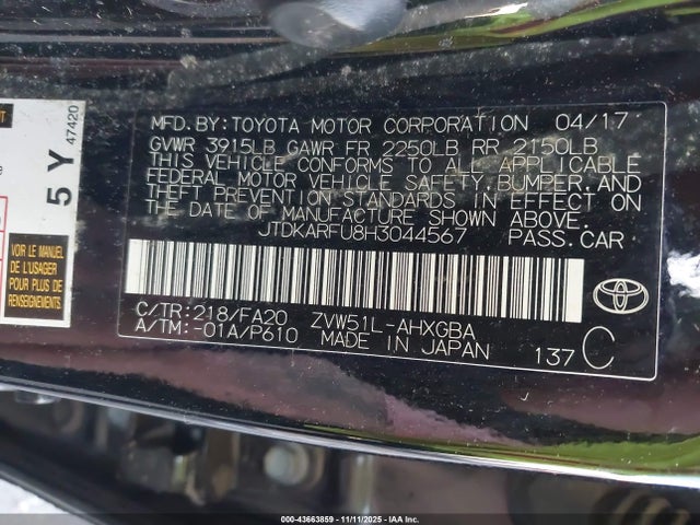 JTDKARFU8H3044567 Toyota Prius Three