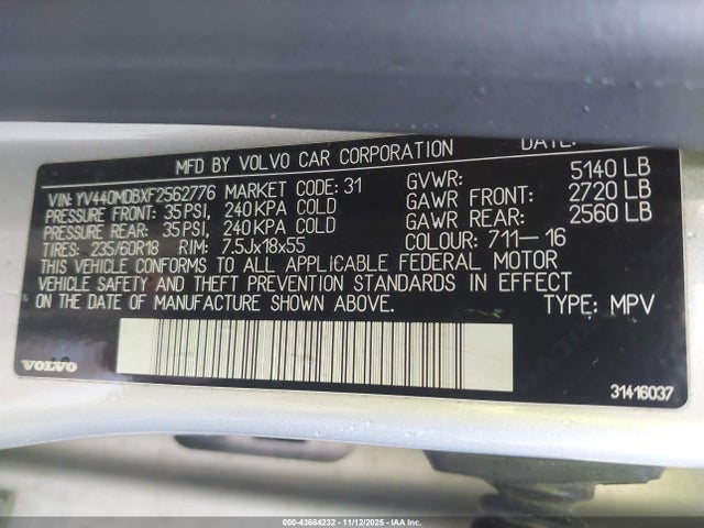 43664232 :رقم المزاد ، YV440MDBXF2562776 vin ، 2015 Volvo Xc60 T5 Premier مزاد بيع