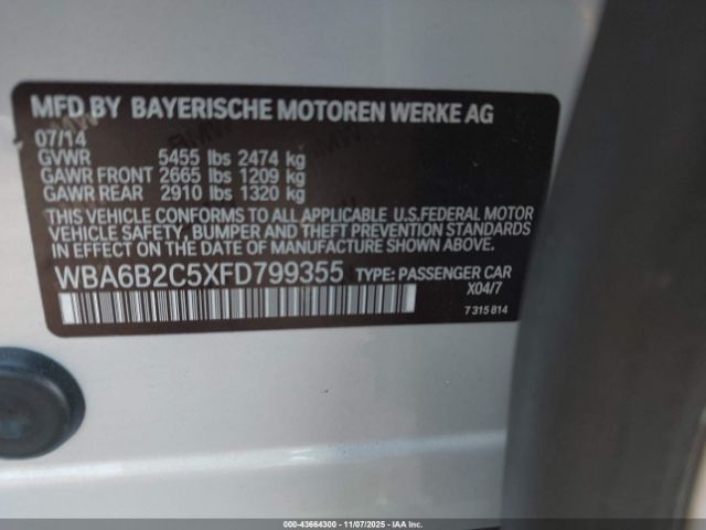 2015 BMW 650I GRAN COUPE WBA6B2C5XFD799355 Photo 8