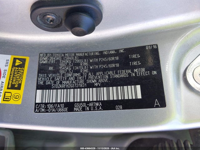 5TDZKRFH2GS131831 Toyota Highlander Le Plus V6