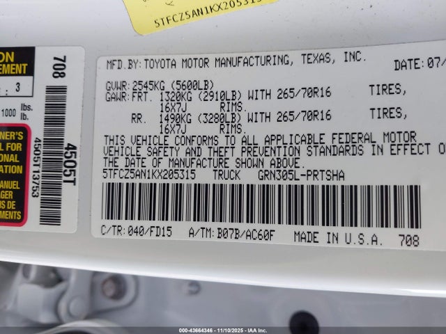 Aukcja sprzedaży 2019 Toyota Tacoma Trd Off Road, vin: 5TFCZ5AN1KX205315, numer aukcji: 43664346
