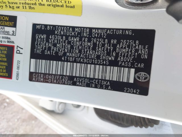 2012 TOYOTA CAMRY 4T1BF1FK9CU103545 Photo 8