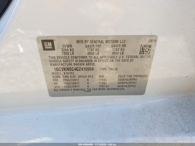 Aukcja sprzedaży 2016 Chevrolet Silverado 1500 Wt, vin: 1GCVKNEC4GZ416994, numer aukcji: 43664568