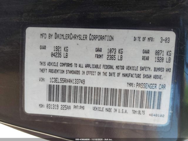 2004 CHRYSLER SEBRING 1C3EL55RX4N133749 Photo 8