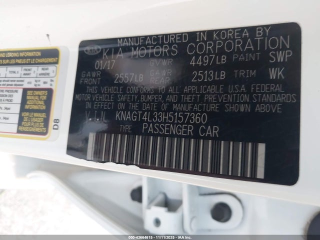 KNAGT4L33H5157360 KIA Optima Lx
