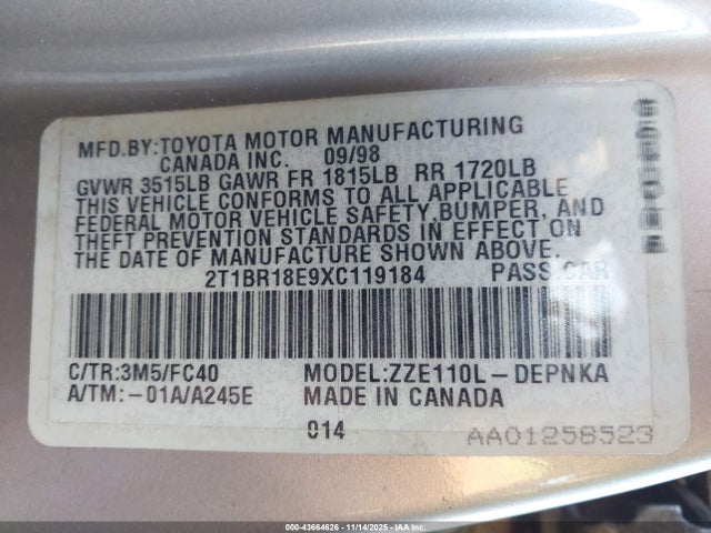 1999 TOYOTA COROLLA 2T1BR18E9XC119184 Photo 8