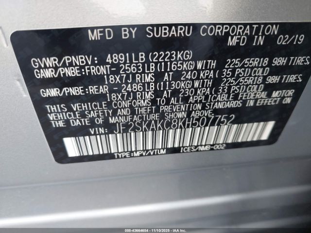 2019 SUBARU FORESTER JF2SKAKC8KH507752 Photo 8
