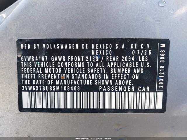 Aukcja sprzedaży 2025 Volkswagen Jetta 1.5t S, vin: 3VW5X7BU8SM108468, numer aukcji: 43664660