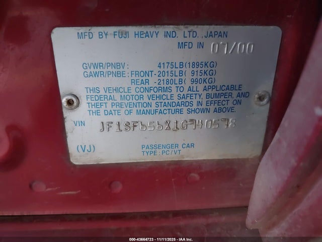 43664723 :رقم المزاد ، JF1SF656X1G740578 vin ، 2001 Subaru Forester S مزاد بيع