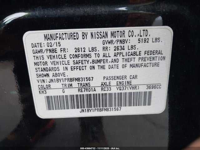 Aukcja sprzedaży 2015 Infiniti Q70l 3.7x, vin: JN1BY1PR8FM831567, numer aukcji: 43664732