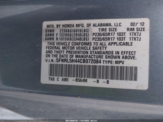 2012 HONDA ODYSSEY 5FNRL5H44CB072084 Photo 8