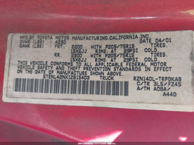 2001 TOYOTA TACOMA 5TENL42NX1Z815403 Photo 8