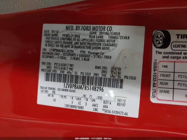 2011 FORD MUSTANG 1ZVBP8AM7B5148296 Photo 8