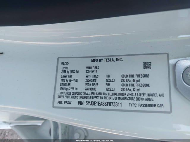 2025 TESLA MODEL 3 5YJ3E1EA3SF073311 Photo 8