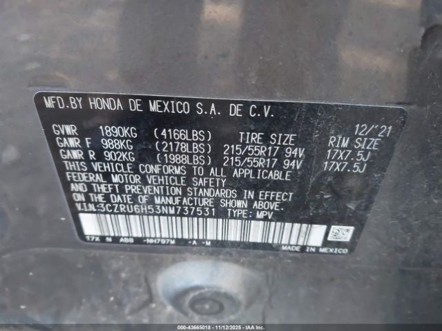 2022 HONDA HR-V 3CZRU6H53NM737531 Photo 8