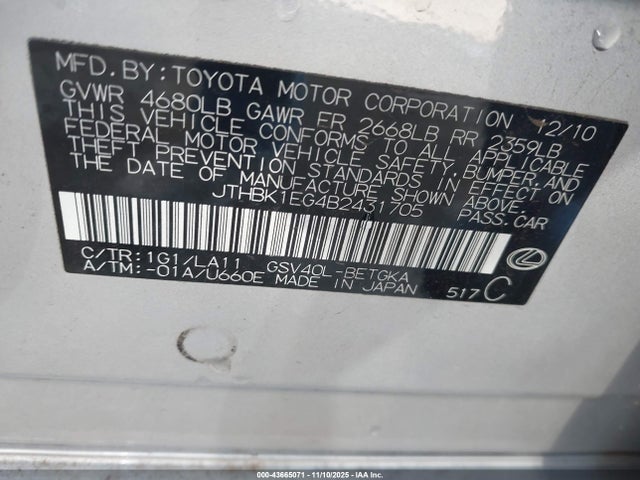 Aukcja sprzedaży 2011 Lexus Es 350, vin: JTHBK1EG4B2431705, numer aukcji: 43665071