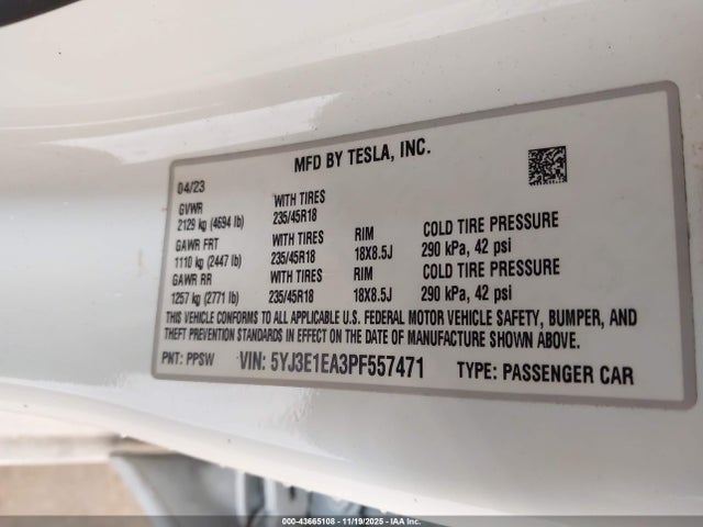 Продажа на аукционе авто 2023 Tesla Model 3 Rear-wheel Drive, vin: 5YJ3E1EA3PF557471, номер лота: 43665108